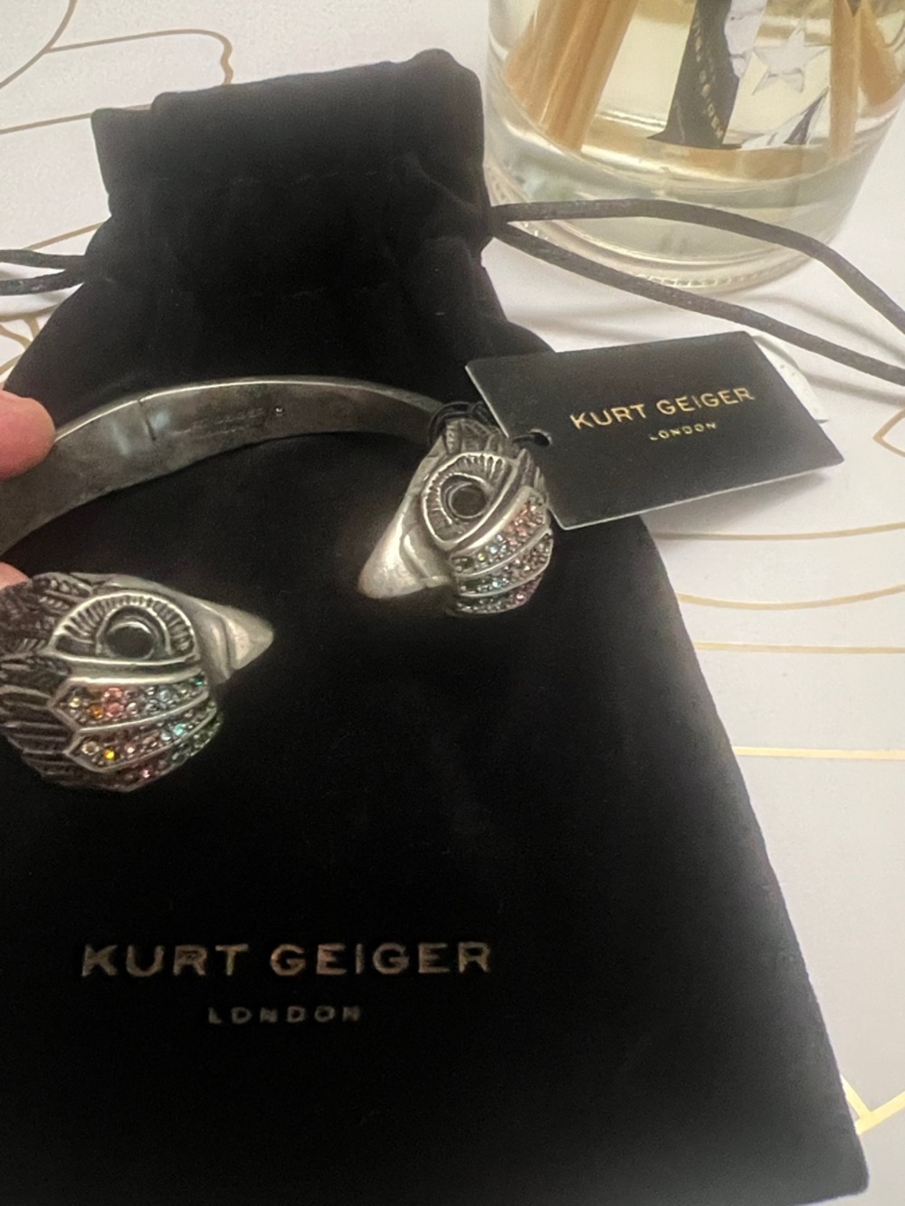 Kurt Geiger Eagle Motif Bracelet Hinge Cuff Bangle Silver Tone Crystal Accents